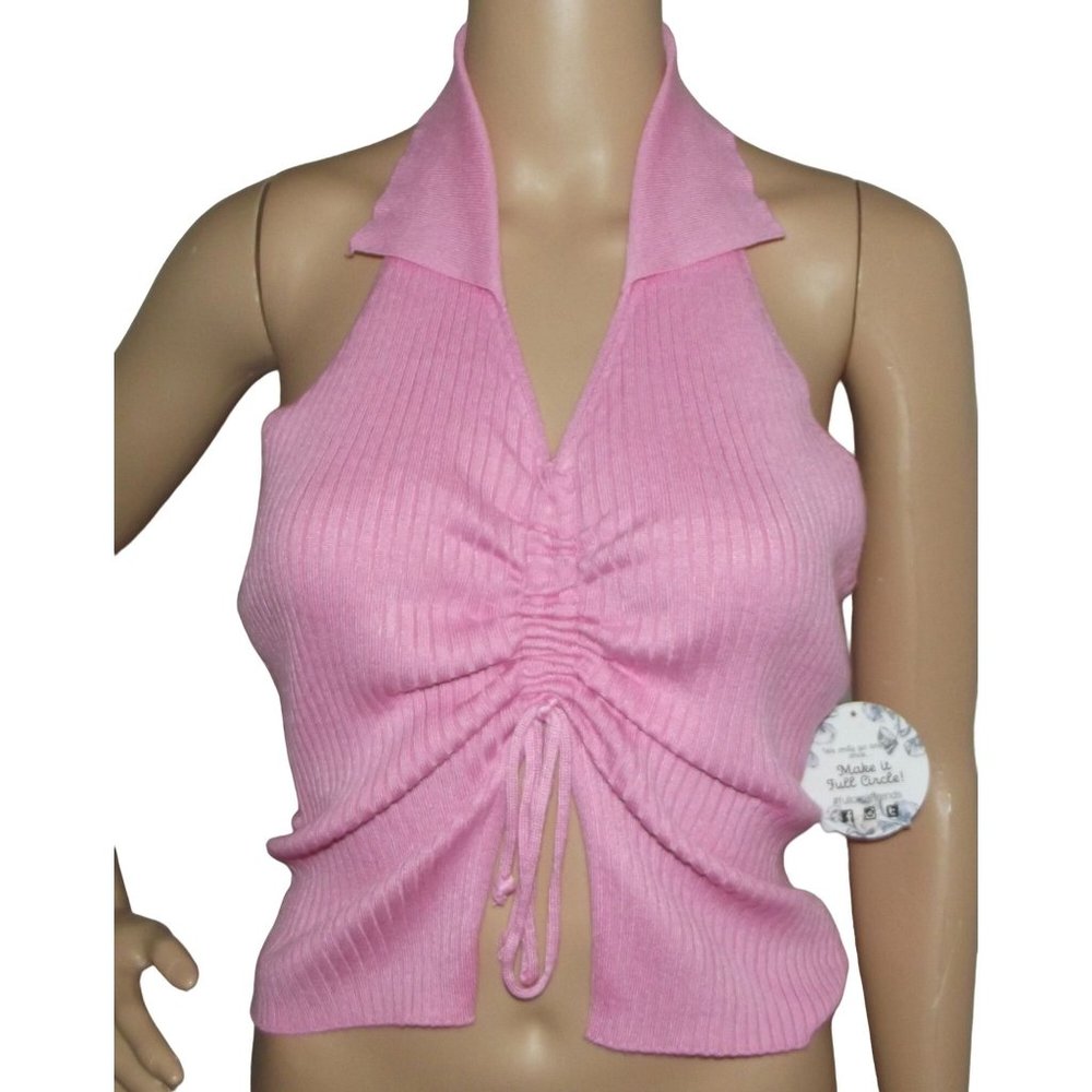 Jolie &Joy Halter Top Junior Sz XL Pink Sweater collar ribbed knit ruched v-neck